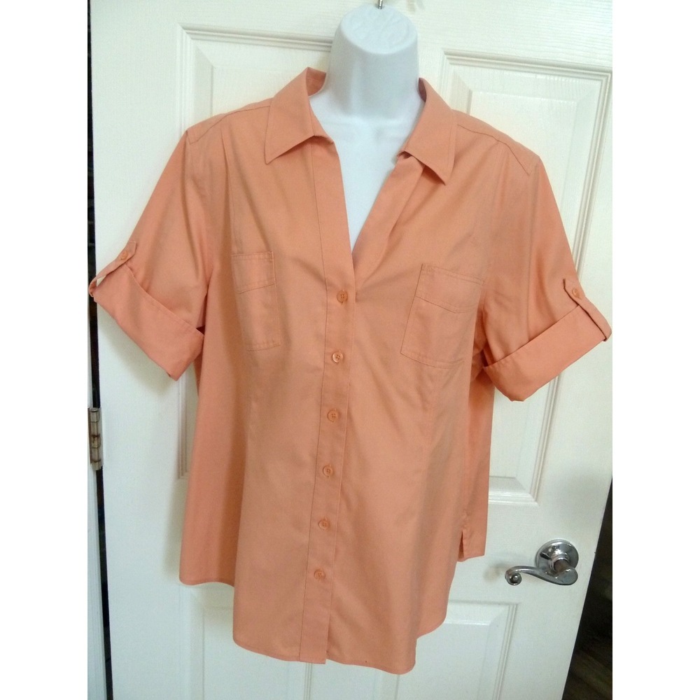 NWOT CHICO'S SZ 3=XL No-Iron Short Sleeve Blouse 100% Cotton V-Neck Office Coral